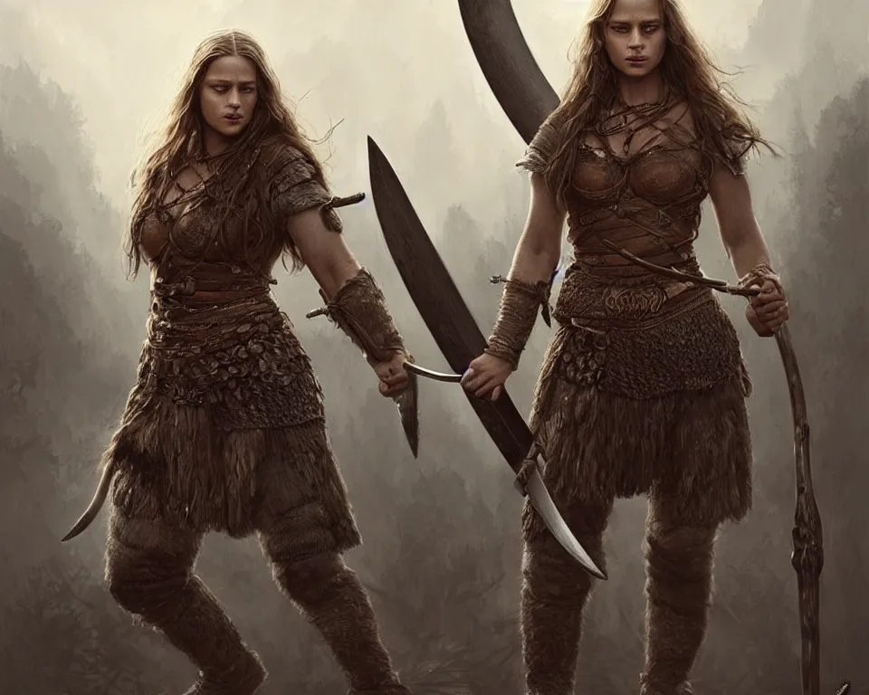 Image similar to gorgeous!! hyper - realistic woman resembling alicia vikander as a battle - worn viking warrior wielding a giant axe | standing next to a sabretooth tiger | intricate, highly detailed, digital painting, character design, character concept art | drawn by wlop, drawn by jeehyung lee, drawn by artgerm, drawn by peter kemp