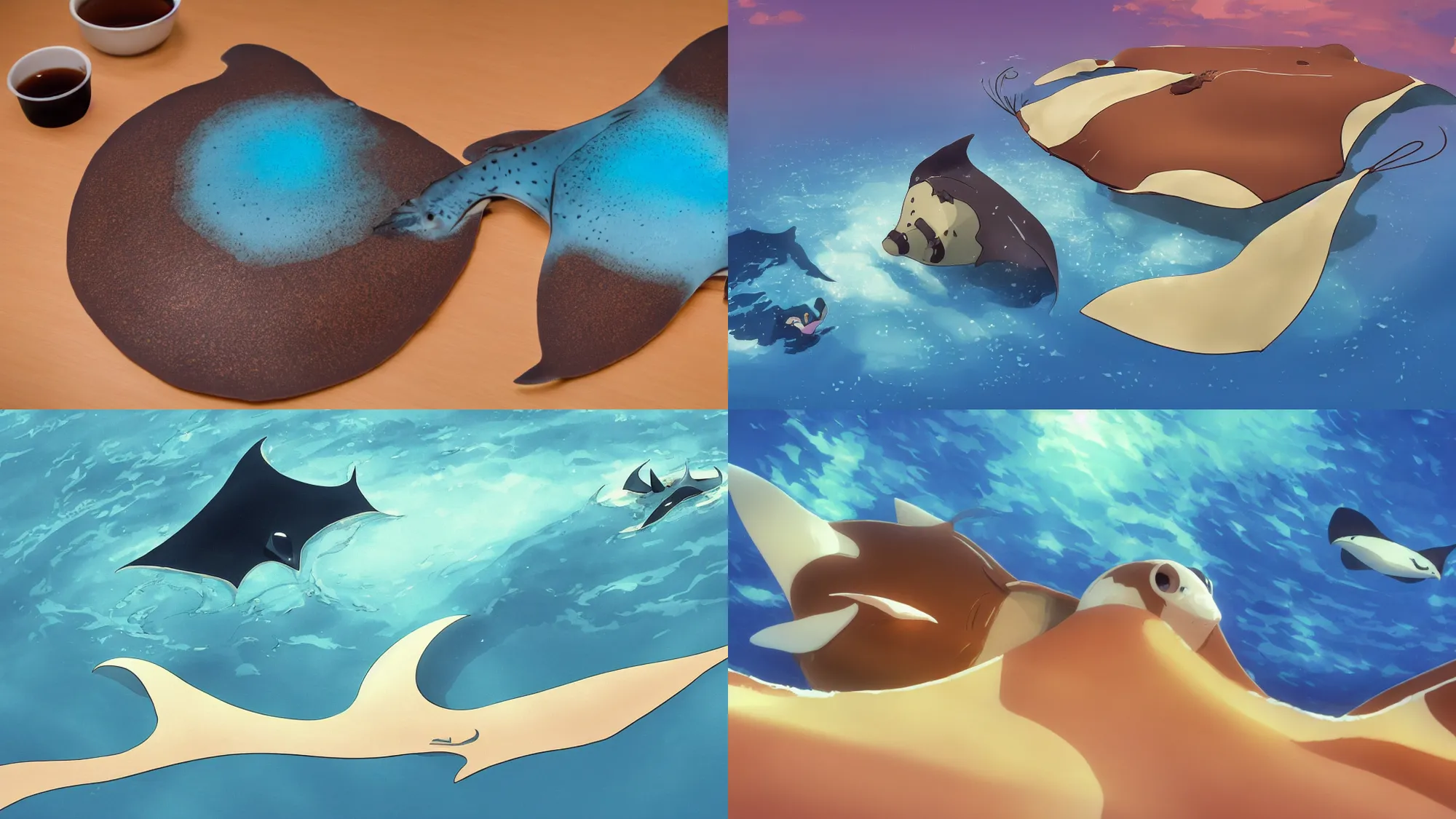 Prompt: flat pancake manta ray swimming in syrup, cute, 4 k, manta ray made of pancake, fantasy food world, living food adorable pancake, brown atmospheric lighting, by makoto shinkai, studio ghibli, chris moore