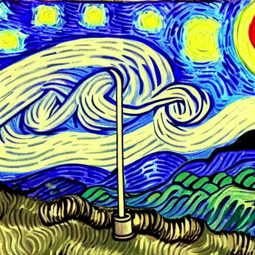 Image similar to painting of an angry stay puft marshmallow man in the style of starry night by vincent van gogh