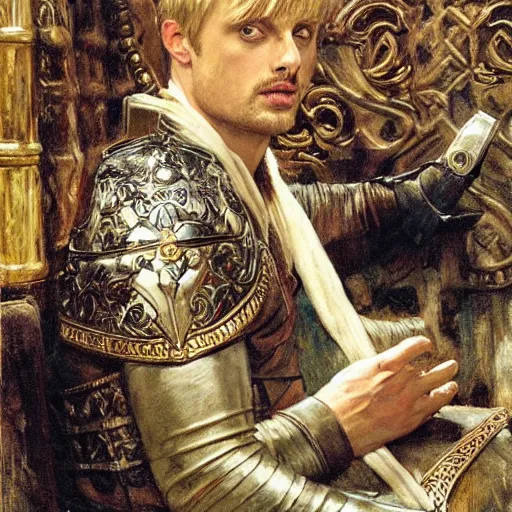 Prompt: attractive bradley james as king arthur pendragon, sat in his throne, big arches in the back, very detailed face, by gaston bussiere, j. c. leyendecker