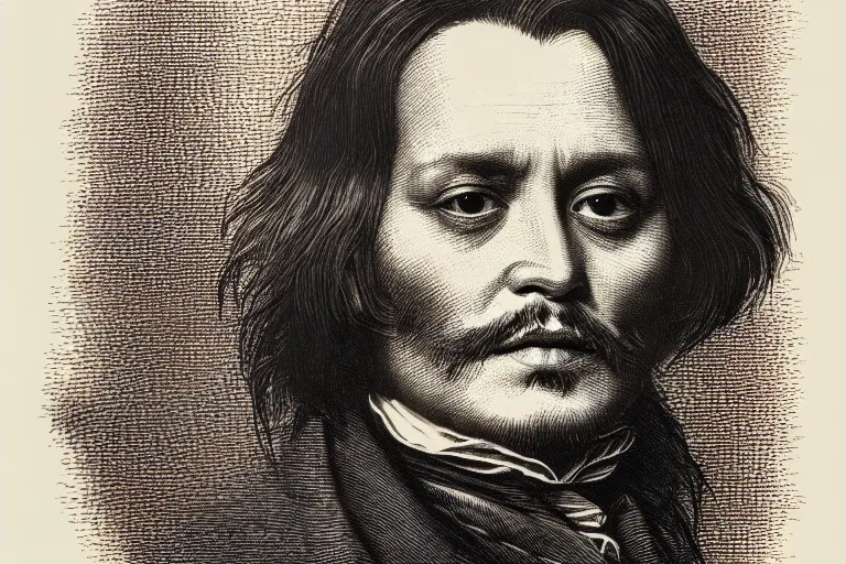 Prompt: An engraved portrait of Johnny Depp , detailed!!! copper-plate engraving in the style of money bills, fine!!! lines, engraved by Alfred Sealey, Bureau of Engraving and Printing