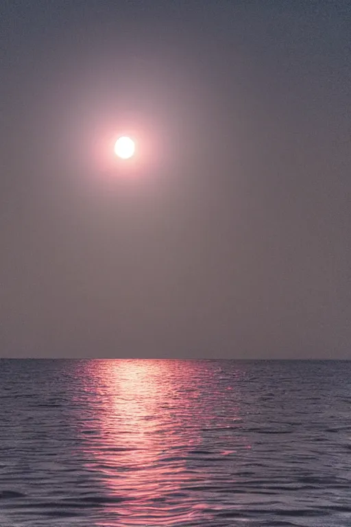 Image similar to red moon reflecting in the sea, night, low angle, realistic photo