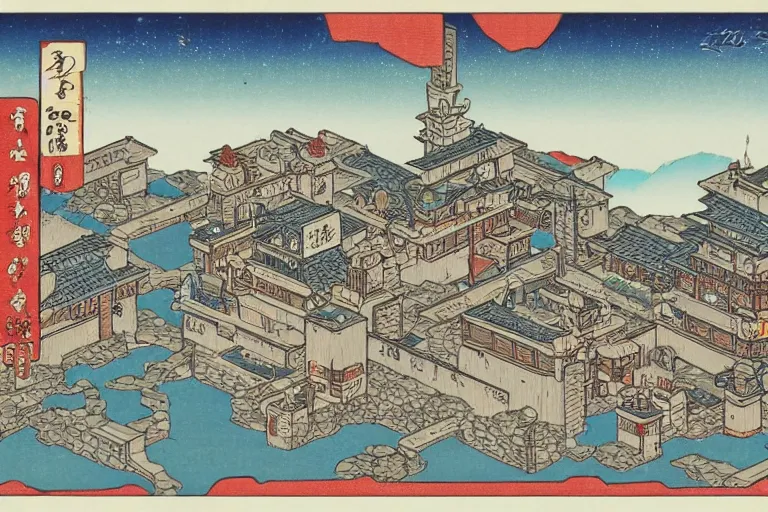 Image similar to a dungeons and dragons castle town. street level view. r / retrofuturism and ukiyo - e