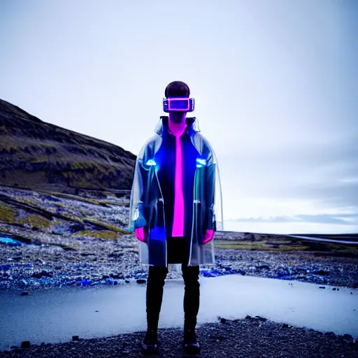 Image similar to an ultra high definition professional studio quality photograph of an artificially intelligent cyberpunk vr influencer wearing a transparent iridescent pastel coloured face visor and matching raincoat on white coat hook in a sheer icelandic black rock environment. dramatic lighting. volumetric shadows. light rays