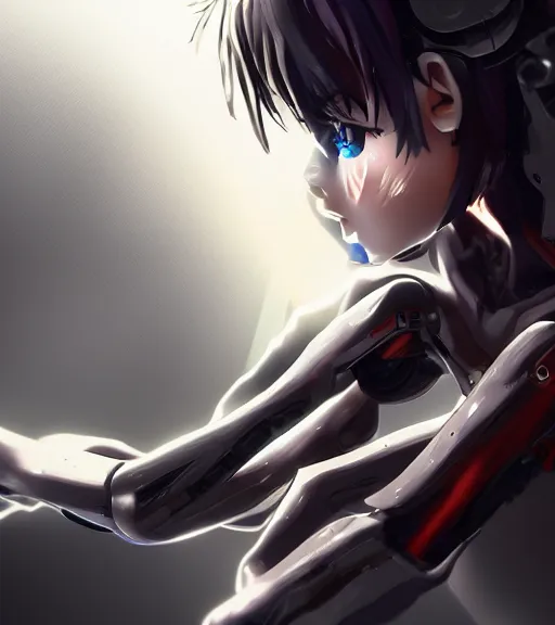 Prompt: anime tired damaged cyborg girl angry crouching detailed rendering realistic depth of field lens flare photo by Leica Zeiss hd with frank Miller Alex Ross giger style trending Flickr