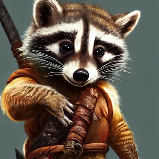 Image similar to epic professional digital airbrushed portrait art of a cute baby raccoon dressed as a barbarian,, best on artstation, cgsociety, wlop, Behance, pixiv, cosmic, epic, stunning, gorgeous,, masterpiece by Dorian Cleavanger and Stanley Lau,