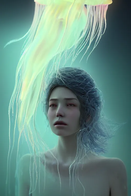 Image similar to Bioluminescent jellyfish, Her breath shot a haze of steam out into the frosty morning air concept, soft light, soft mood, realistic body features and face, illustration,intricate ornament halo, painting oil on canvas by Elena Zhurikhina and Goro Fujita and Charlie Bowater, octane render trending on artstation, 4k, 8k, HD