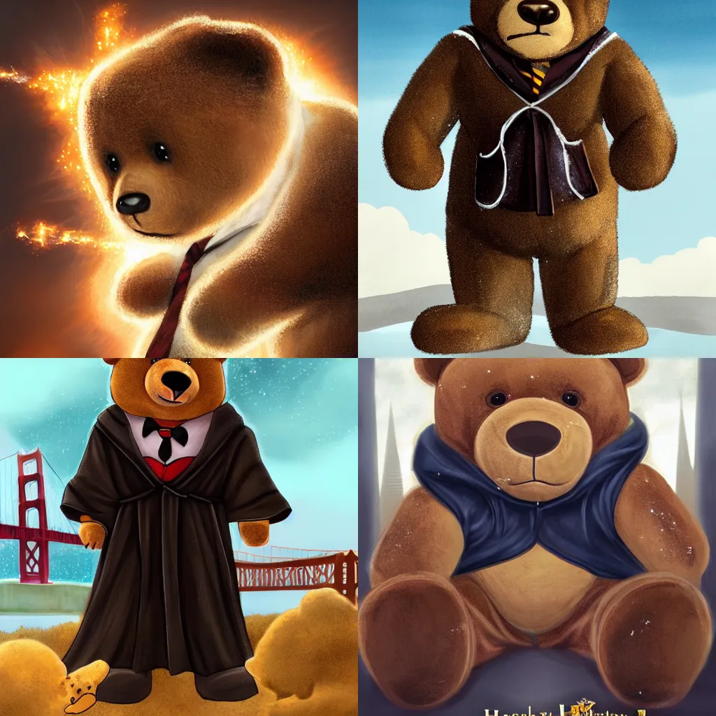 Prompt: harry faced the transfigured giant teddy bear which managed to be both cute and formidable as it loomed in front of the golden gate bridge. he focused and cast the counter spell with a shower of sparks. harry potter wears black robes | trending on artstation