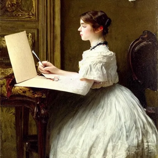 Image similar to victorian girl in ball gown writing a letter, painting by alfred stevens