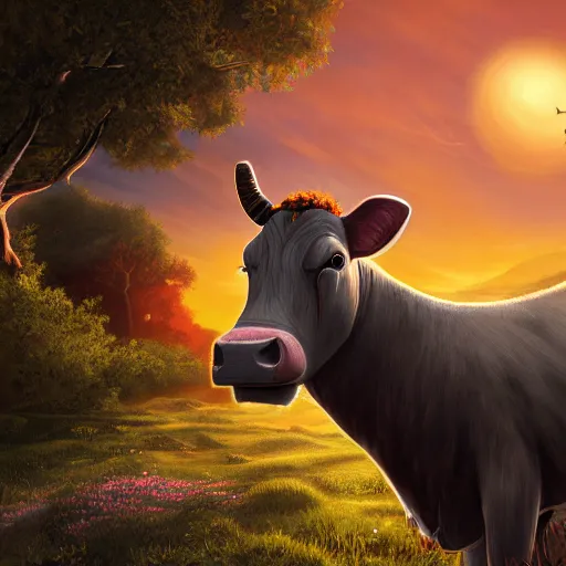 Image similar to fantasy cow looking at sunset, high detail, fantasy art, concept art, 4 k, ultra detail, computer art