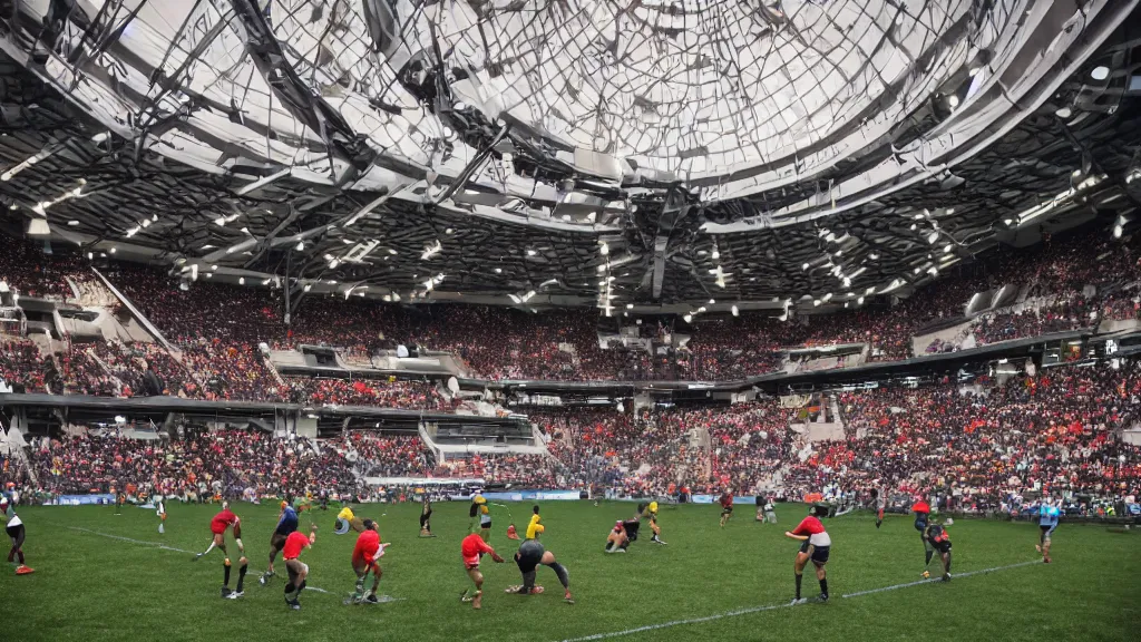 Image similar to athletes playing rugby in a giant spaceship.