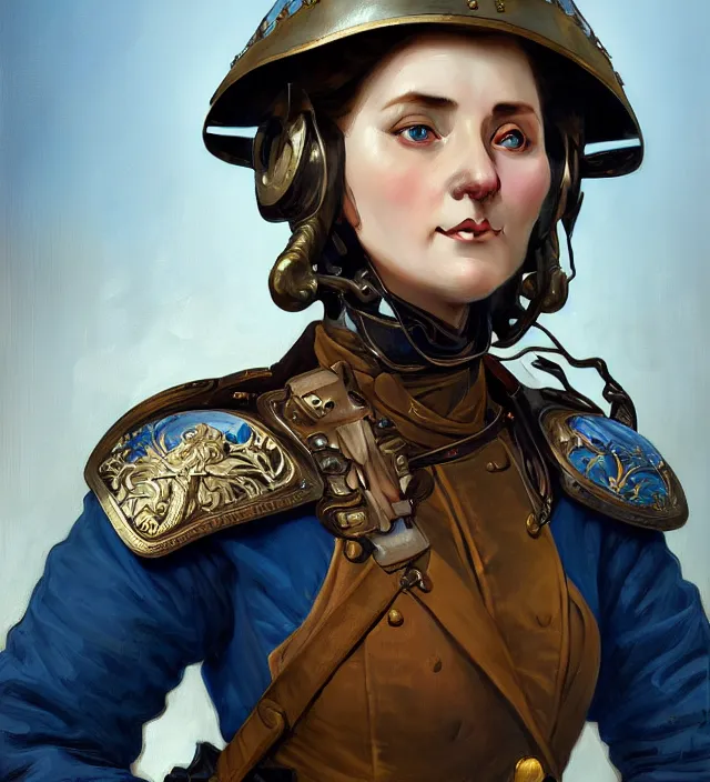 Prompt: portrait of a czech woman wearing a blue traditional nineteenth century military jacket and helmet, metal shoulder pauldrons, intricate, highly detailed, digital painting, artstation, concept art, sharp focus, cinematic lighting, illustration, art by artgerm and greg rutkowski, alphonse mucha, cgsociety
