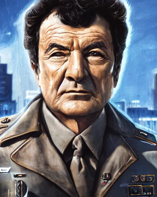 Image similar to detailed portrait of lieutenant columbo as a cyborg, advanced technology, city, sunny day, scifi, atmosphere, professional, 8 k high definition, insanely detailed, intricate