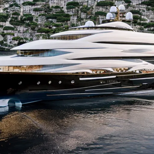 Image similar to wrinkled hunchbacked old man polishing the side of a gold plated mega yacht