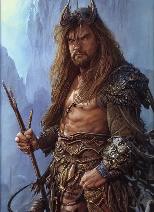 Prompt: a detailed paintbrush portrait of a male fantasy character, art by donato giancola and bayard wu and gustav moreau and wayne barlowe, rpg portrait, conan, krull, 8 0's fantasy movies, dungeons & dragons, d & d, artstation