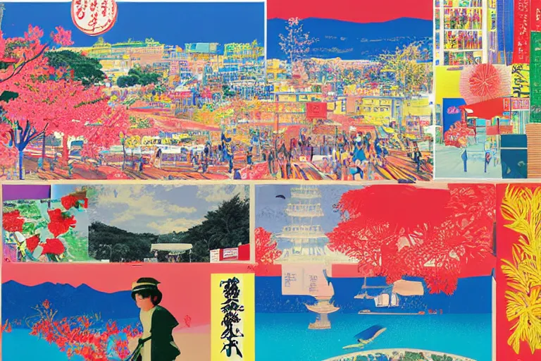 Image similar to award winning graphic design poster, photocollage art depicting a variety of japan travel, beauty, tastes, crafts and more, photocollage painting by National Geographic and David Hockney