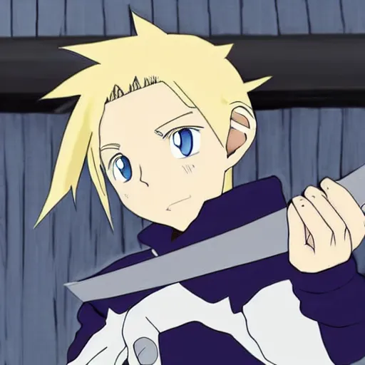 Image similar to young blonde boy fantasy thief in a tavern, full metal alchemist, anime style