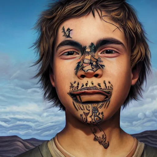 Image similar to a detailed portrait of a boy with a face tattoo in the desert, fantasy art illustration, incredibly highly detailed and realistic, 8 k, sharp focus