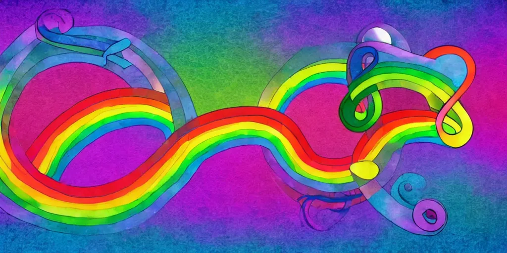 Image similar to musical notes in a prism rainbow, a curvy staff of musical notation flowing out of a prism rainbow. comic book panel background, muted colors, dreamy muted pastel colors, in the style of Pink Floyd Dark Side of the Moon