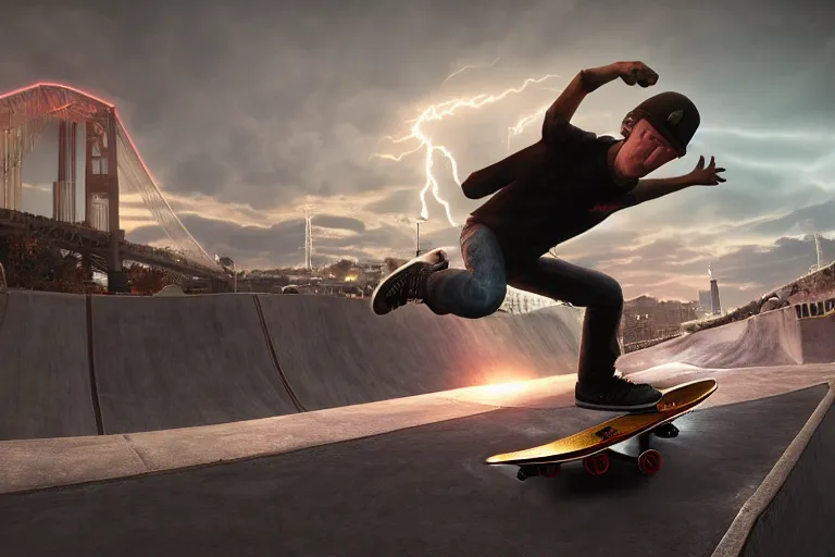 Prompt: tony hawk pro skater 3, 4k, ultra details, cinematic, epic style, beautiful photo, hyper realistic, octane render, unreal engine, award winning, on artstation, volumetric lightning, masterpiece, golden hour,