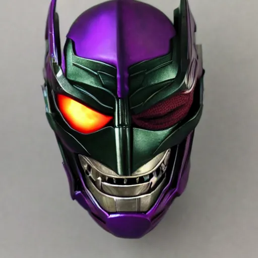 Prompt: face of an armored villian, ultron, sauron, evil dark, mask, joker smile, iridescent eyes, purple and green highlights, metal, knight