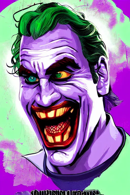 Image similar to new joaquin phoenix joker comic panel, remove duplicate content!!!!, violet polsangi pop art, gta chinatown wars art style, bioshock infinite art style, incrinate, realistic anatomy, hyperrealistic, green and purple color, white frame, content balance proportion