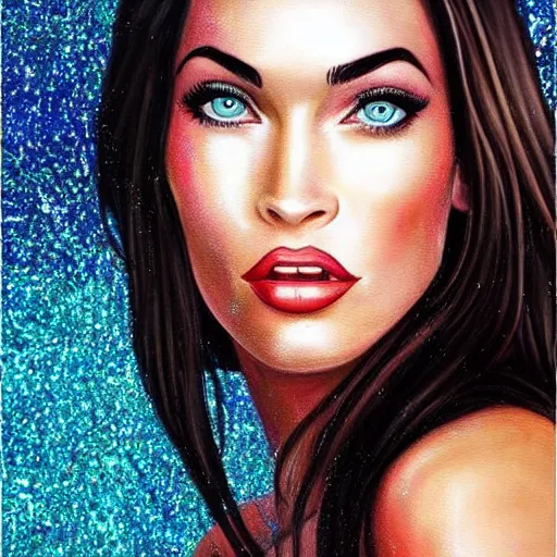 Image similar to “Megan Fox glitter paints paintings, glitter background, ultra detailed portrait, 4k resolution”