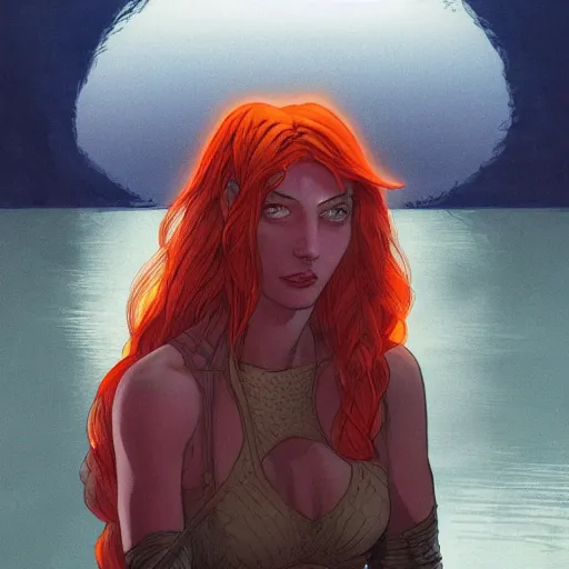 Prompt: a beautiful comic artwork by Jerome Opeña of a woman with red hair near a lake at night, featured on artstation