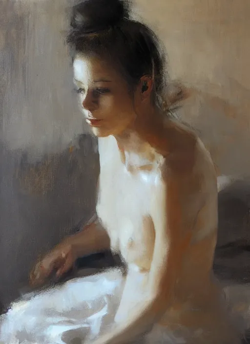 Prompt: beautiful portrait painting of a woman with a bun posing in an artistic pose over a bed, by jeremy mann, only one head single portrait