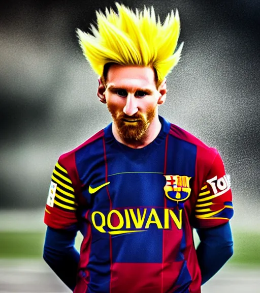 Prompt: award winning 5 5 mm close up portrait color photo of super saiyan lionel messi, yellow hair, in a stadium, with lightning, by luis royo. soft light. sony a 7 r iv