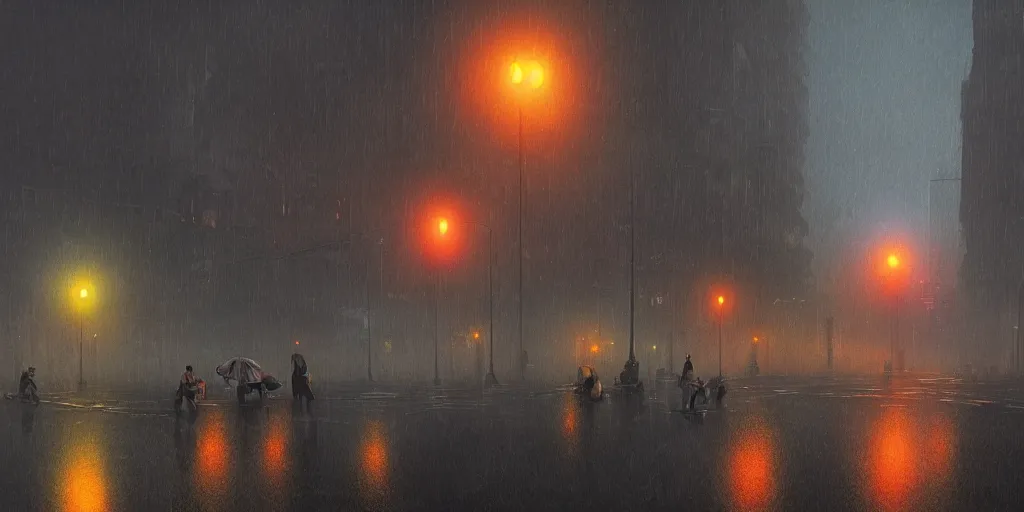 Prompt: Mumbai city by Simon Stålenhag, Matte Painting, heavy rains, traffic lights, fog