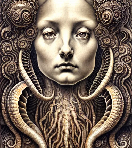 Image similar to detailed realistic beautiful ammonite goddess face portrait by jean delville, gustave dore, iris van herpen and marco mazzoni, art forms of nature by ernst haeckel, art nouveau, symbolist, visionary, gothic, neo - gothic, pre - raphaelite, fractal lace, intricate alien botanicals, biodiversity, surreality, hyperdetailed ultrasharp octane render