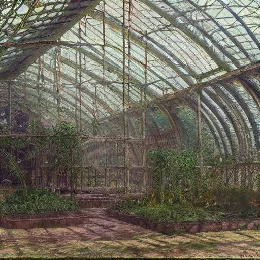 Image similar to concept art of an abandoned greenhouse with subtle psychedelic alterations by john howe and henry ossawa tanner, trending on artstation, hyperrealism, highly detailed, art gallery, museum piece