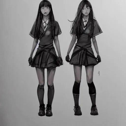 Prompt: a perfect, realistic professional digital sketch for a videogame, two Japanese schoolgirls posing, in style of Marvel, full length, by pen and watercolor, by a professional American senior artist on ArtStation, a high-quality hollywood-style sketch, on high-quality paper