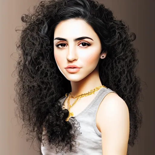 Image similar to portrait of a persian young lady with curly black hair, photo, realistic, focused, detailed