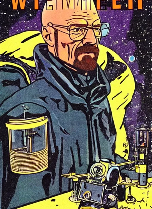 Image similar to Walter White as space wizard in retro science fiction cover by Stanisław Lem, vintage 1970 print