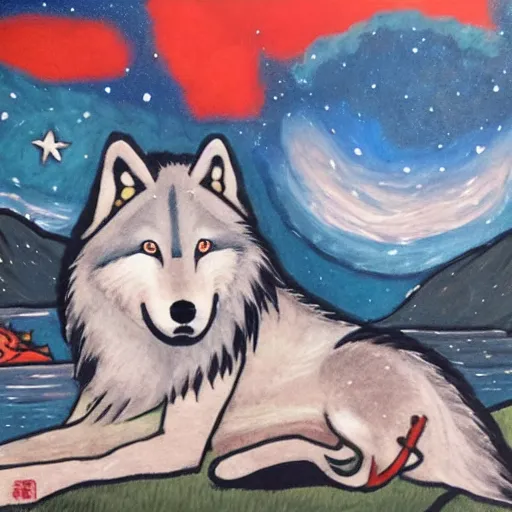 Prompt: wolf okami!!!!!!! resting under a sky full of stars, by a deep!! river, calm, acrylic on canvas, okami, okami, okami, okami, okami, okami