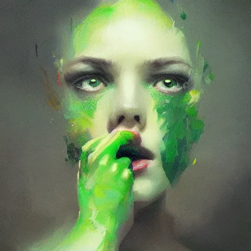 Image similar to portrait of green noise an amorphous blob of love painted by greg rutkowski, wlop, artgerm,