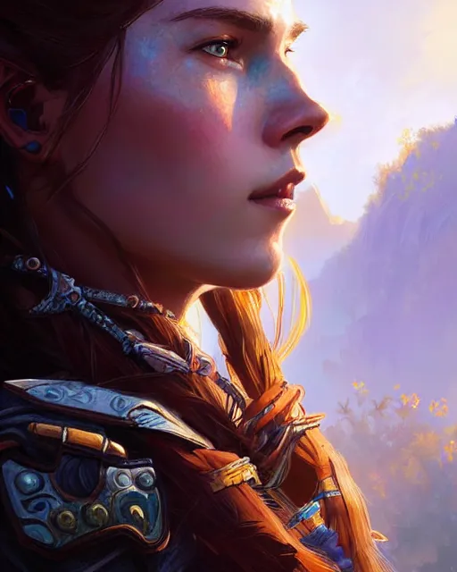 Image similar to Aloy (Horizon Zero Dawn), closeup, D&D, fantasy, intricate, elegant, highly detailed, digital painting, artstation, concept art, matte, sharp focus, illustration, hearthstone, art by Artgerm and Greg Rutkowski and Alphonse Mucha