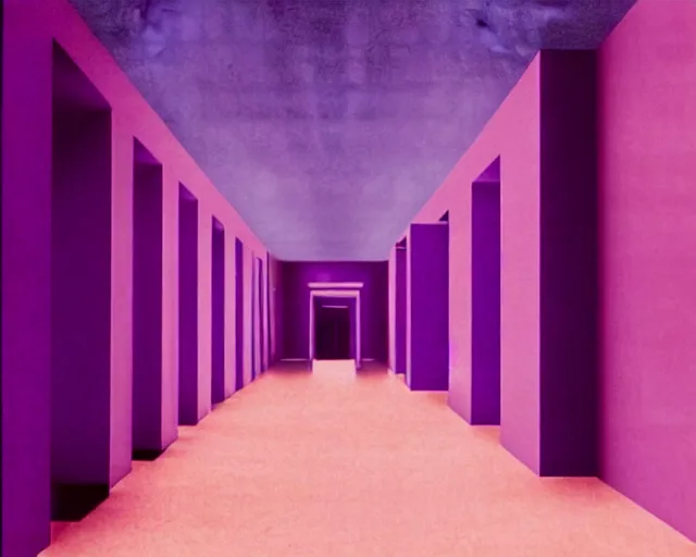 Image similar to a long hallway with a purple wall and some stairs, a hologram by michelangelo, cg society, harlem renaissance, y 2 k aesthetic, vaporwave, 1 9 9 0 s