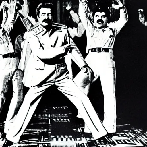 Image similar to A movie still of Stalin wearing a disco suit in Satuday Night Fever