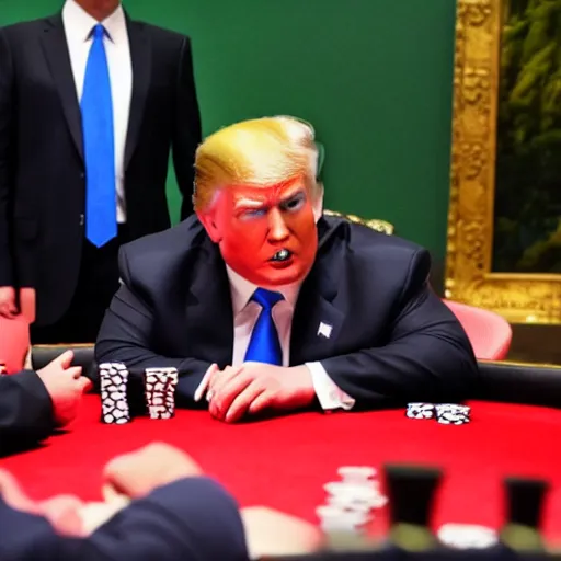 Prompt: putin trump xi kim jong un playing poker at a round table award winning photo realistic