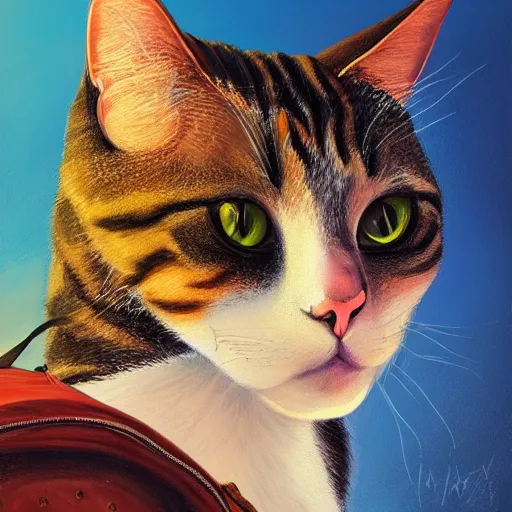 Prompt: Portrait of a cat with an oversized backpack in the mountains, fantasy, high detail, elegant, digital painting, WLOP, natural light, vibrant, intricate, textured skin, highly detailed, artstation, sharp, focus, illustration, Anna Dittmann, Ilya Kuvshinov, Nikolay Makovsky