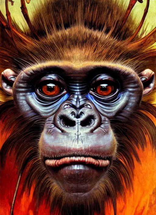 Image similar to close up portrait of a monster monkey in the scary mountains of hell, oil painting by tomasz jedruszek and alphonse mucha, cinematic lighting, pen and ink, intricate line, hd, 4 k, million of likes, trending on artstation