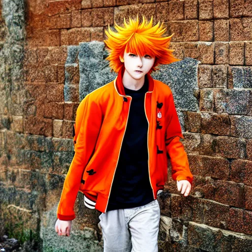 Prompt: orange - haired anime boy, 1 7 - year - old anime boy with wild spiky hair, wearing red jacket, running through italian town, yellow sunshine, sepia sun, ultra - realistic, sharp details, subsurface scattering, intricate details, hd anime, 2 0 1 9 anime