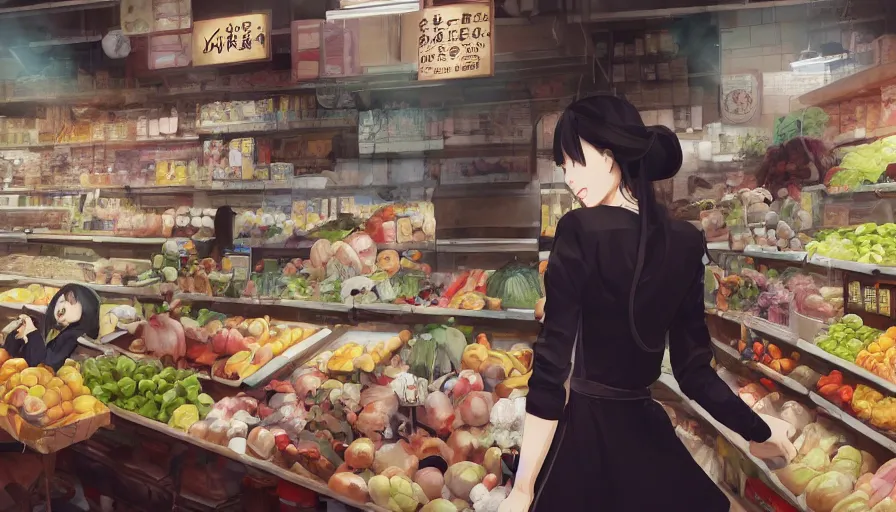 Image similar to photography of a woman grocer with frock, looks like ziyi zhang ， ponytail, grocery store around, winter, anime style character, clean soft lighting, backlit beautiful face, clean brush stroke, 8 k character concept art, by wolp and artgerm ， 3 d