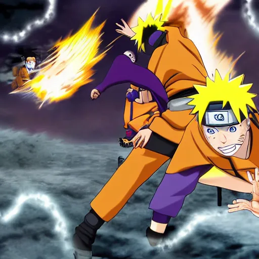 Prompt: naruto in action perspective jumps from left corner of the screen attacking jiraya with rasengun. jiraya is scared and tries to cast defensive jutsu. jiraya stays backward to spectator.