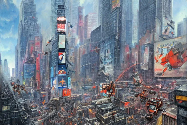 Prompt: 1 9 5 0's robots attacking times square highly detailed, us air force vintage planes firing guns explosions people running for dear life, atmosphere by peter mohrbacher and igor morski, very detailed, 2 4 mm lens, deep depth of field, artstation, 8 k