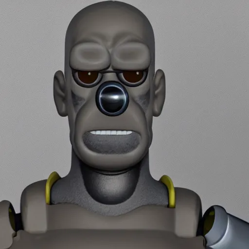 Image similar to a cyborg Homer Simpson, made of matte metal. His eyes are white with a black pupil. It is a whole head and body image