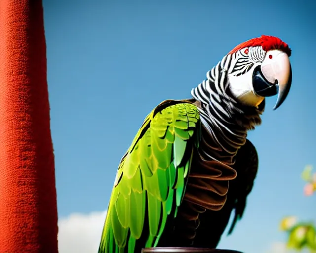 Prompt: low angle photo of a parrot on a pirate ship, rule of thirds, depth of field